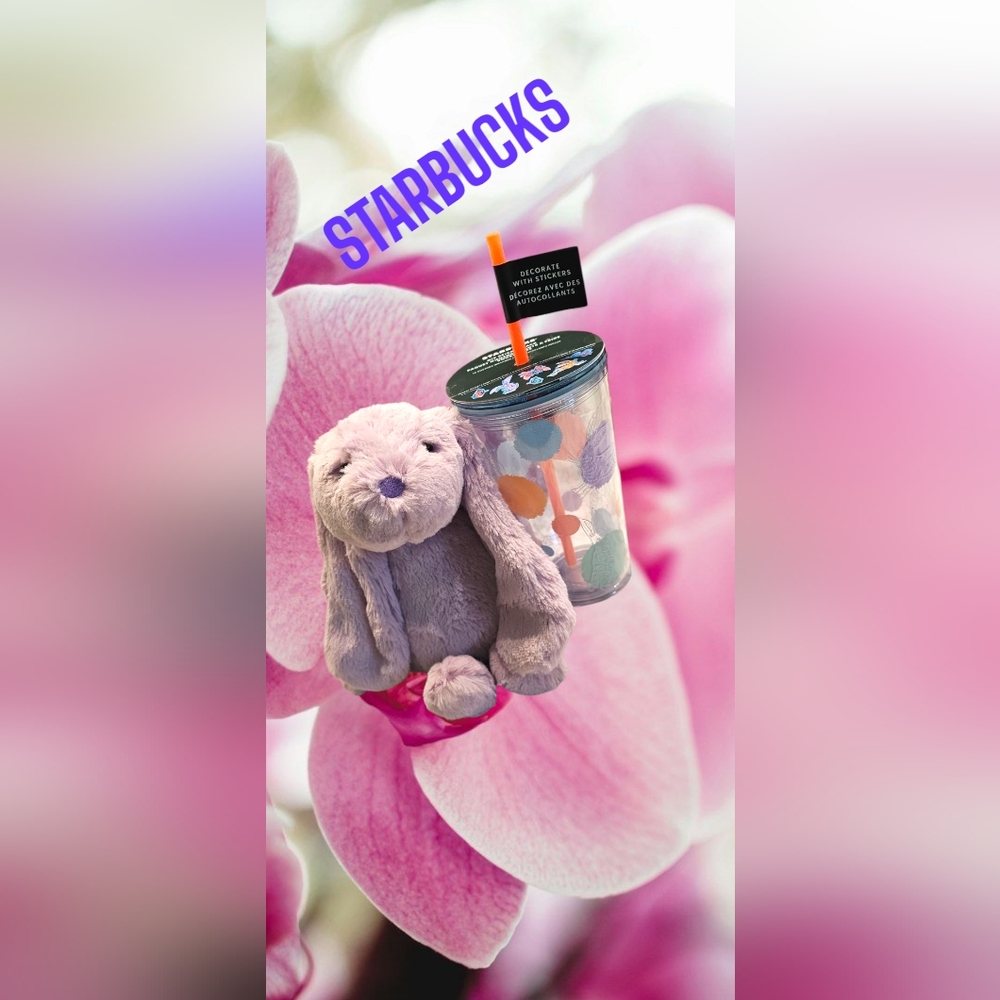 Nwt Starbucks clear Bunny Tumbler   with stickers and orange straw